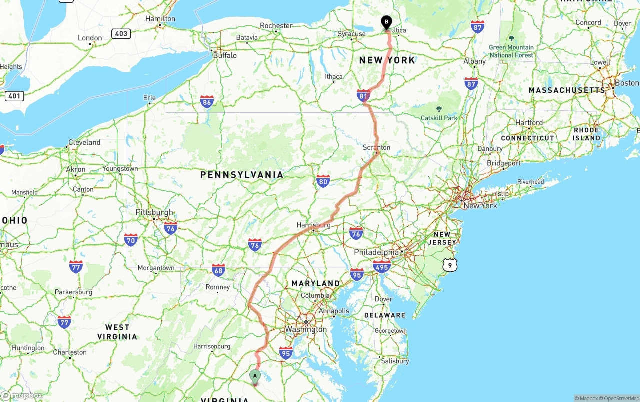 Shipping route from Virginia to New York