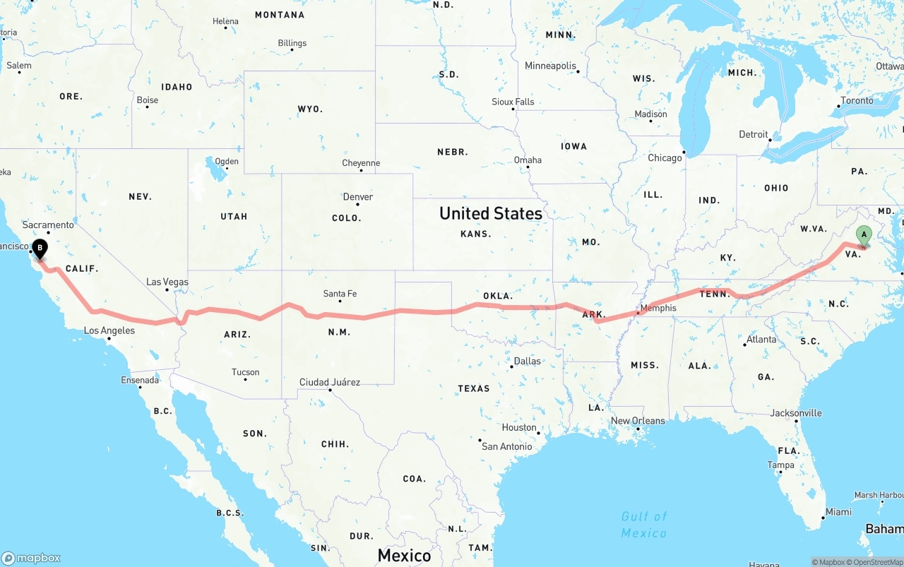 Shipping route from Virginia to Norman Y. Mineta San Jose International Airport