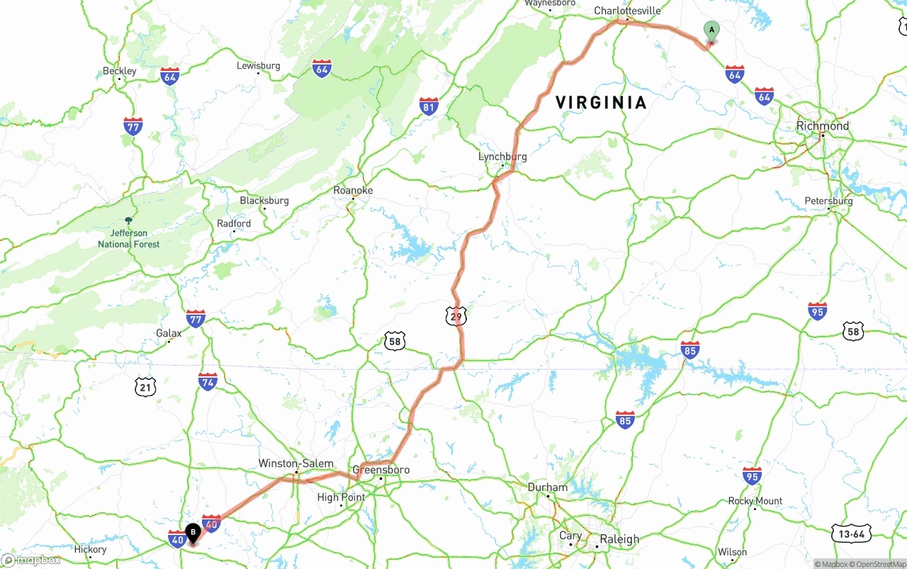 Shipping route from Virginia to North Carolina