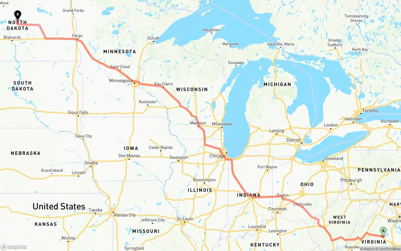Shipping route from Virginia to North Dakota