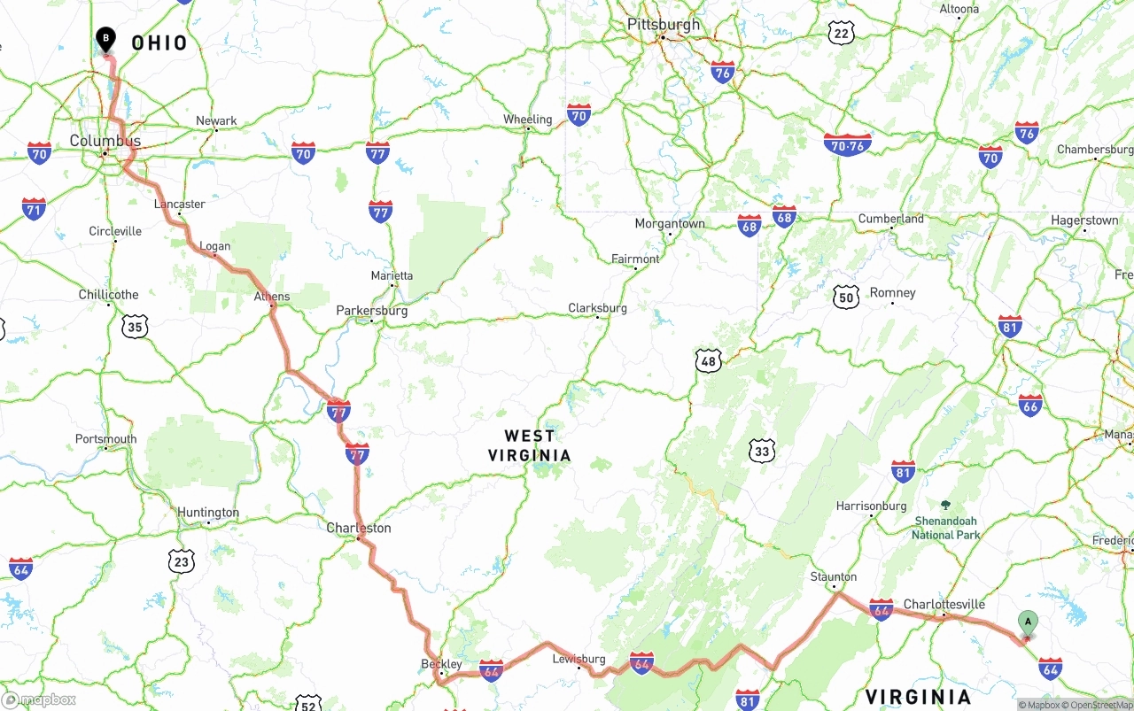 Shipping route from Virginia to Ohio