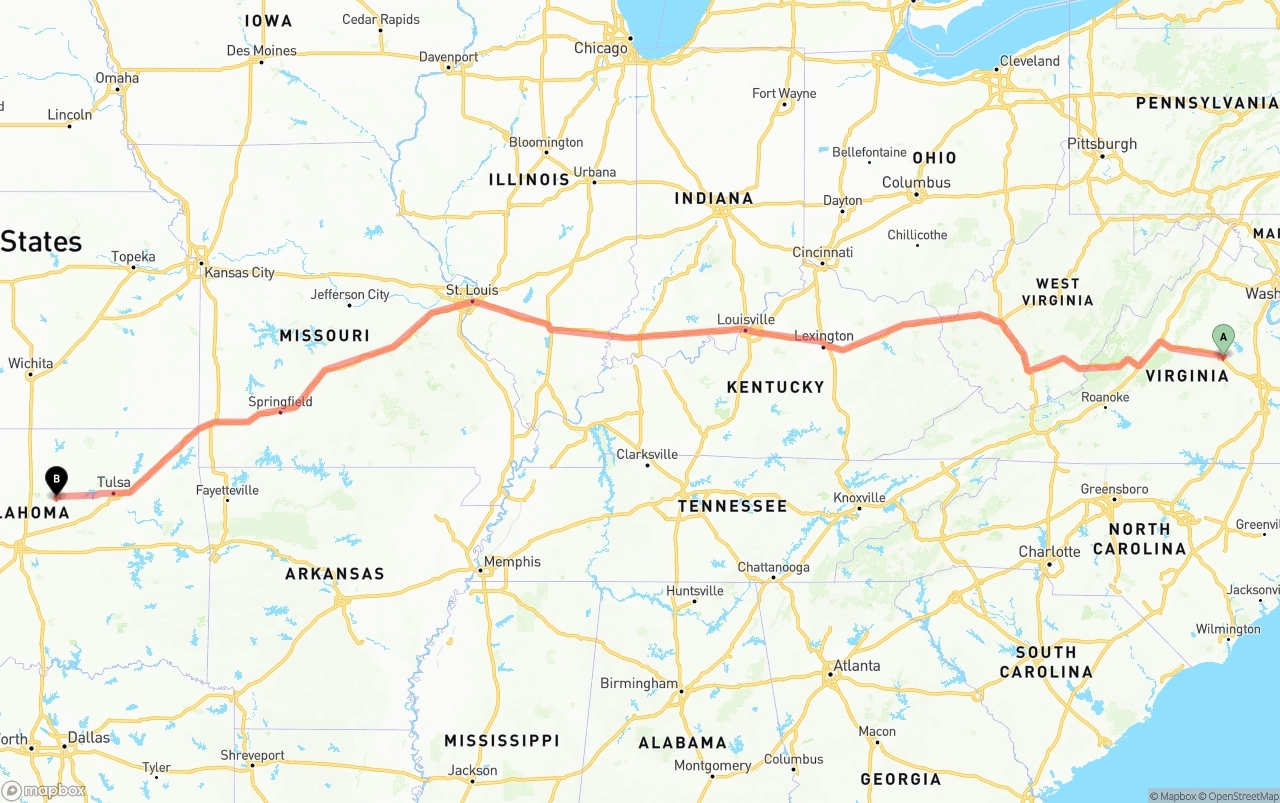 Shipping route from Virginia to Oklahoma