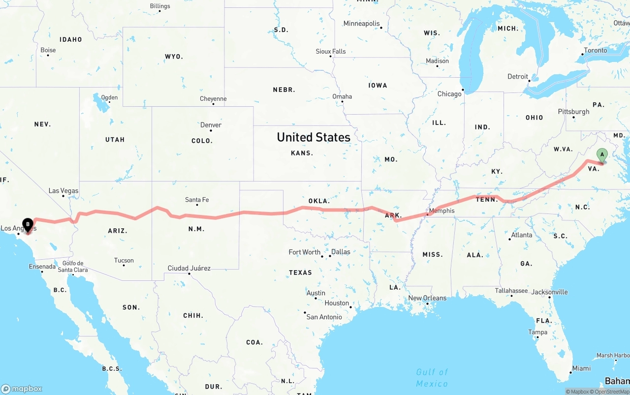 Shipping route from Virginia to Ontario International Airport