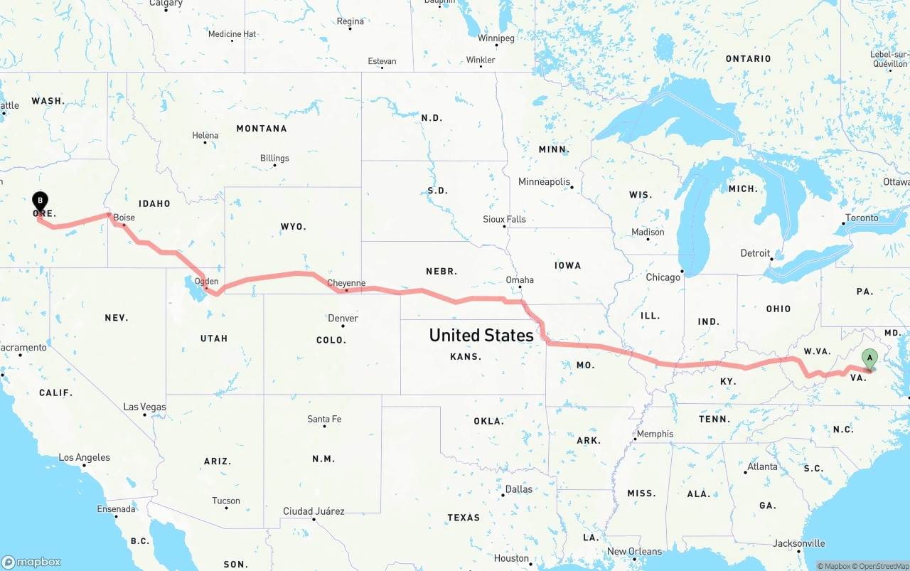 Shipping route from Virginia to Oregon