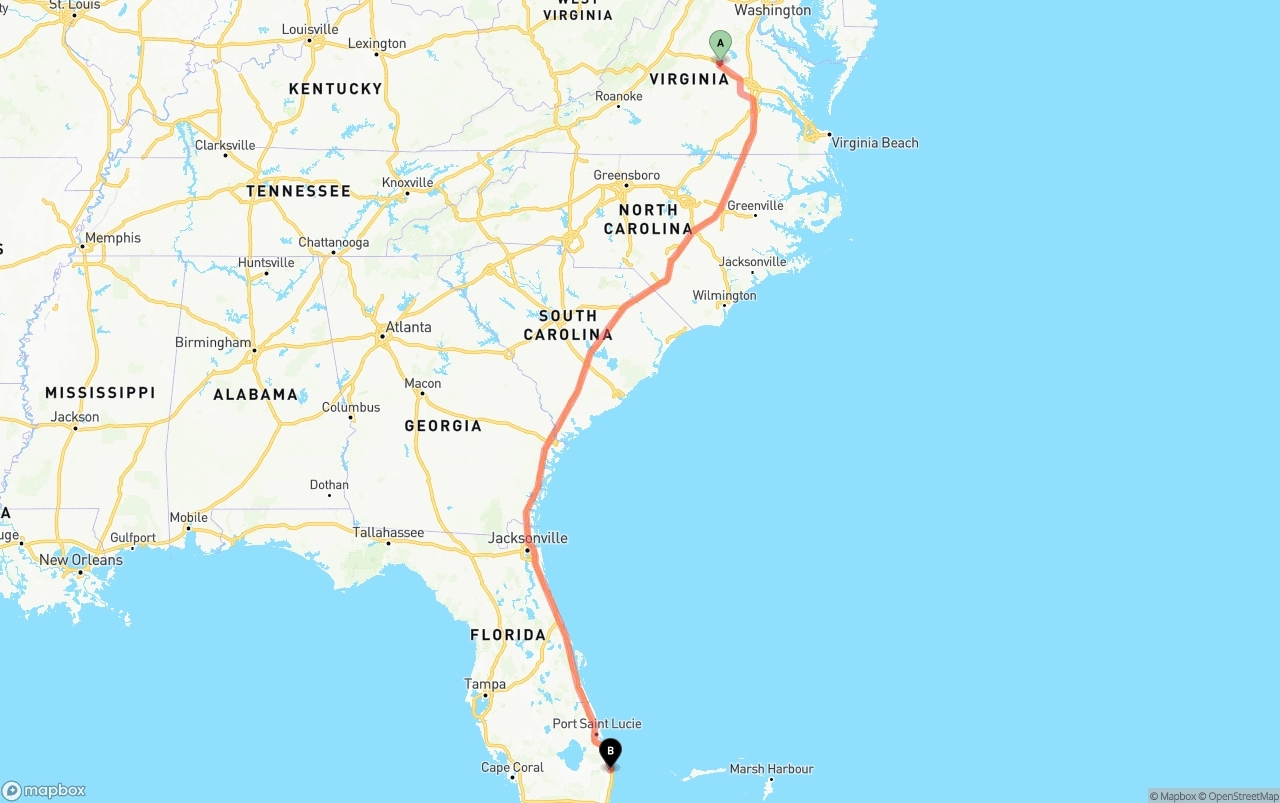 Shipping route from Virginia to Palm Beach International Airport