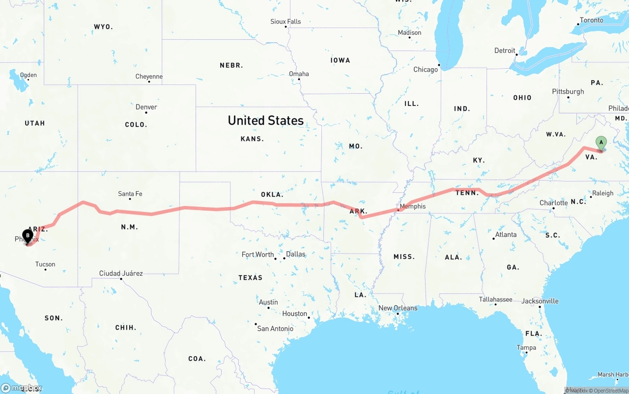 Shipping route from Virginia to Phoenix Sky Harbor International Airport
