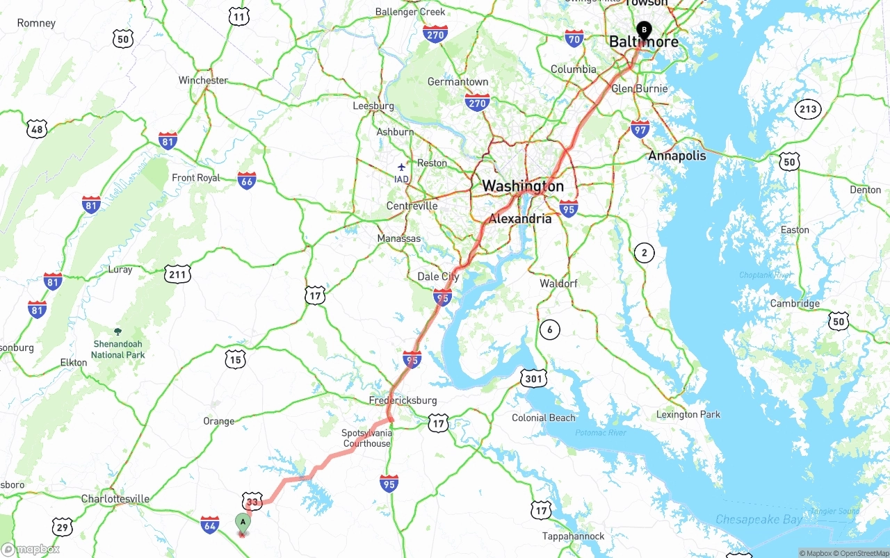 Shipping route from Virginia to Port of Baltimore