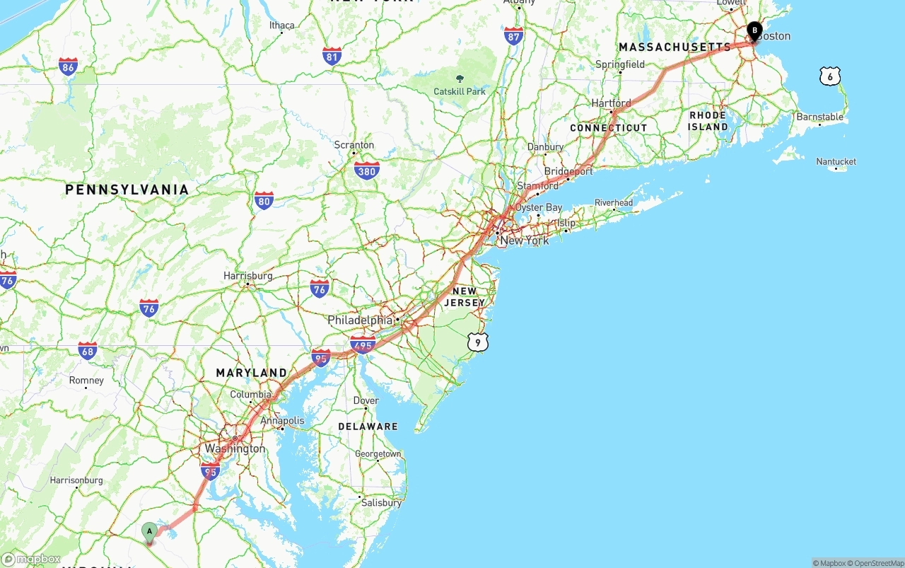 Shipping route from Virginia to Port of Boston