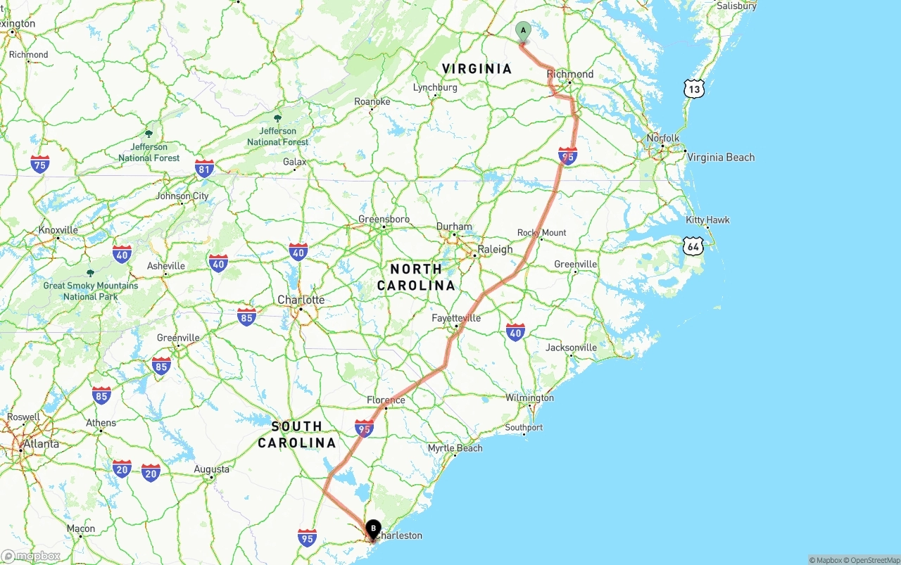 Shipping route from Virginia to Port of Charleston
