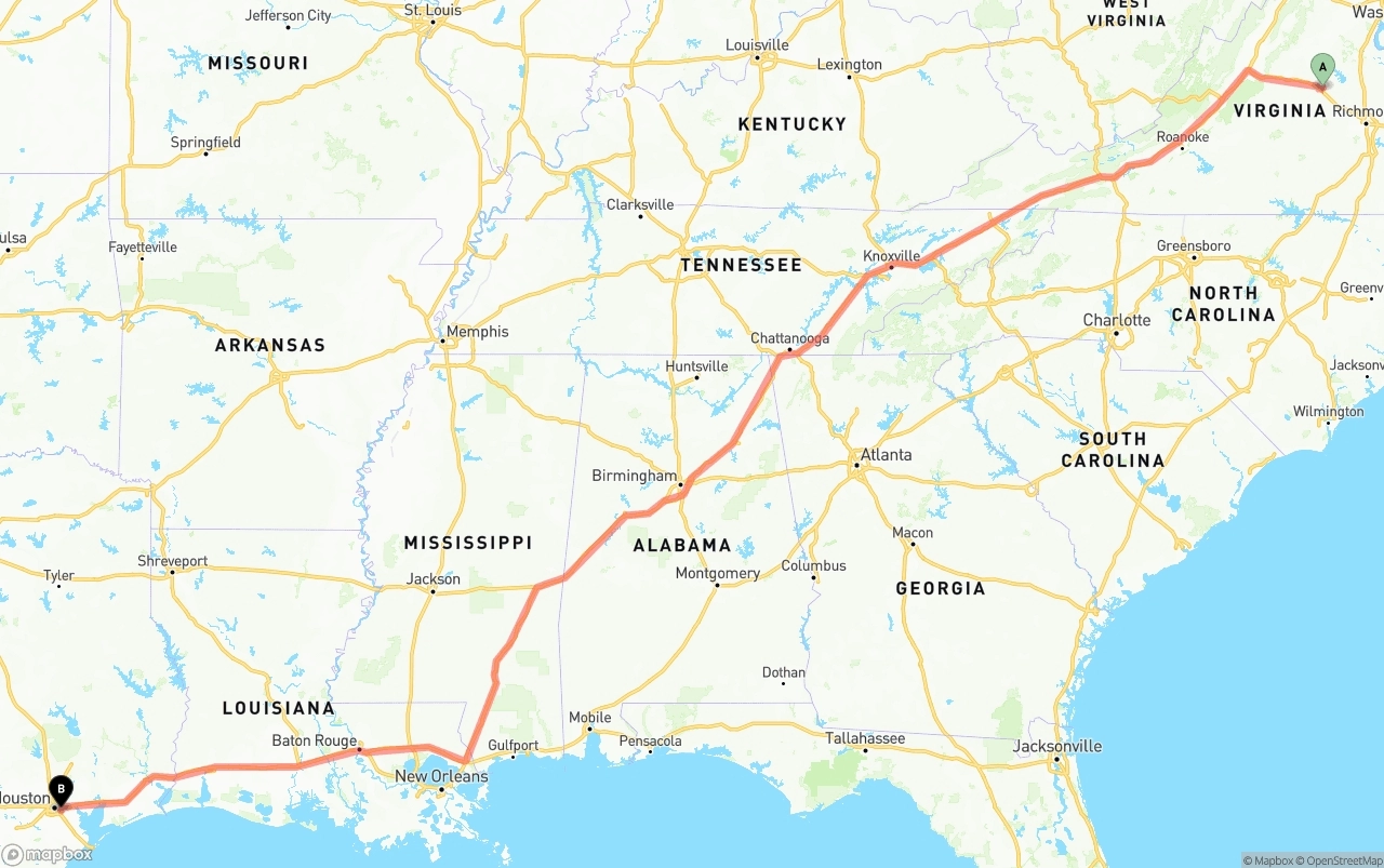 Shipping route from Virginia to Port of Houston