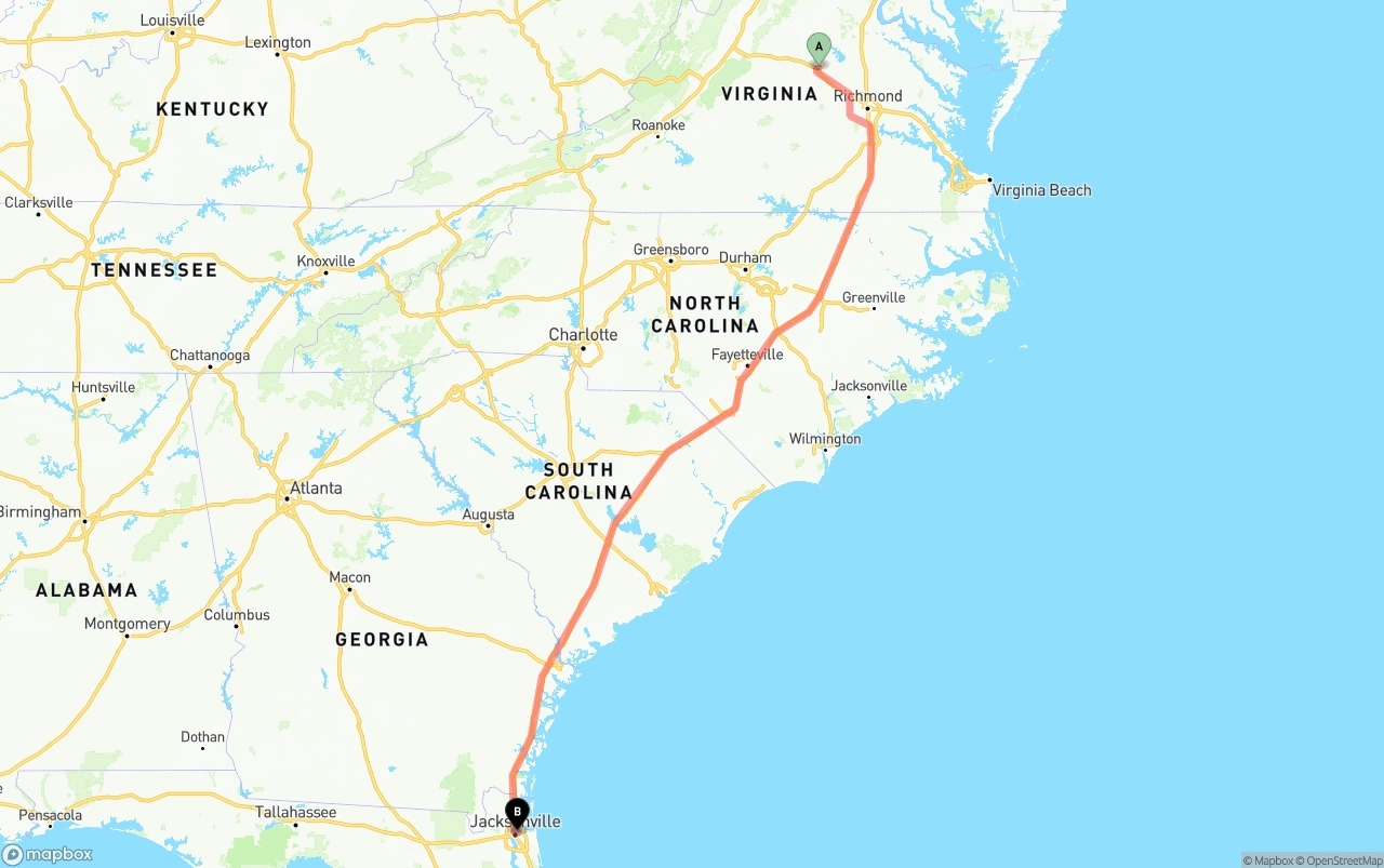 Shipping route from Virginia to Port of Jacksonville