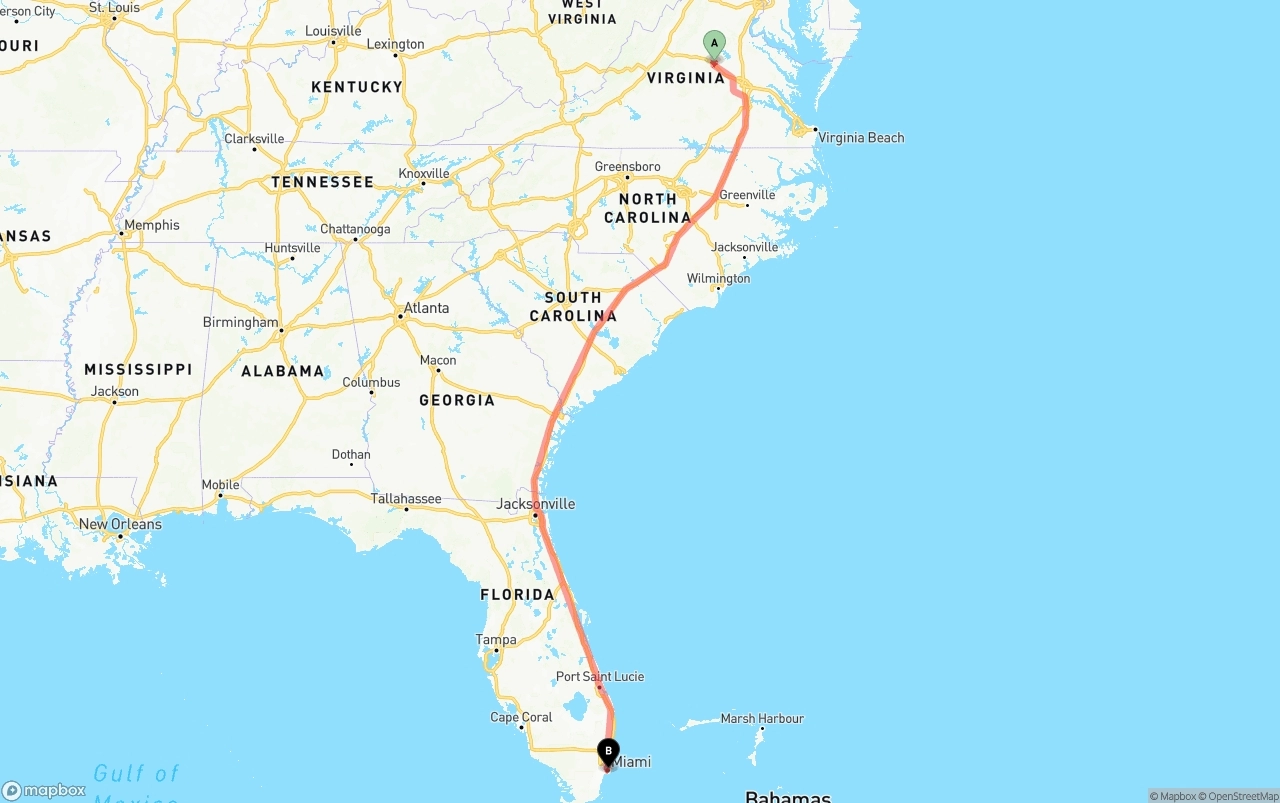 Shipping route from Virginia to Port of Miami