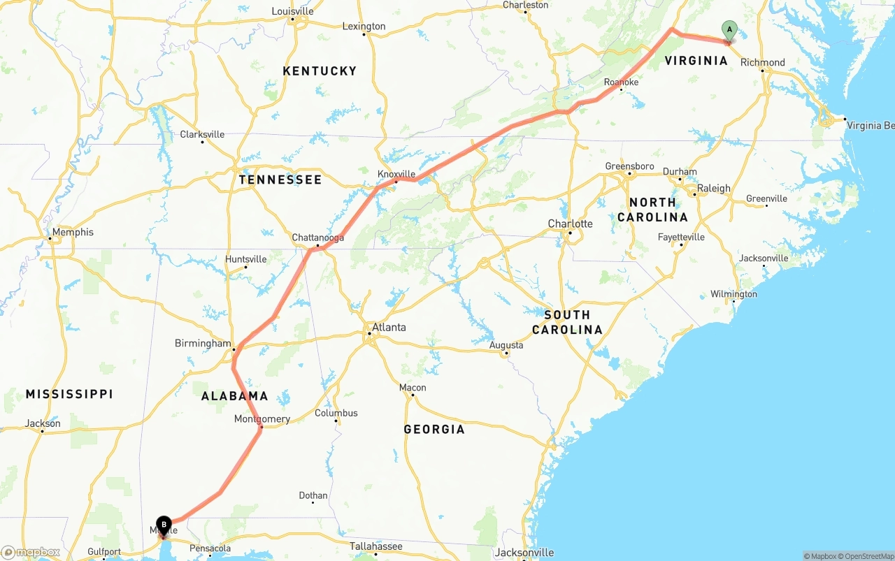Shipping route from Virginia to Port of Mobile
