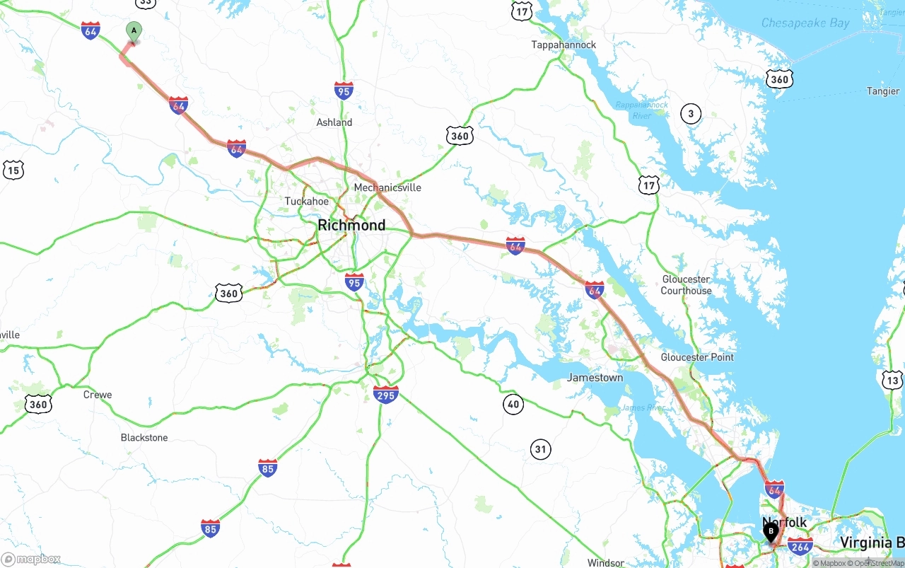 Shipping route from Virginia to Port of Norfolk