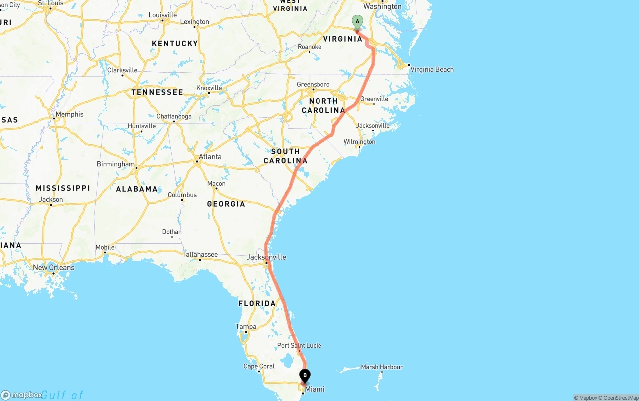 Shipping route from Virginia to Port of Port Everglades