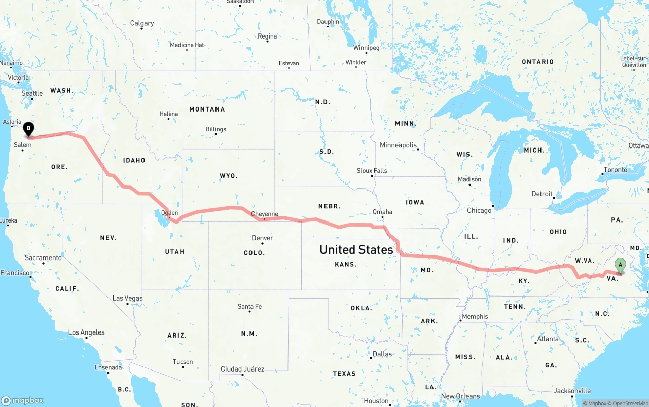 Shipping route from Virginia to Port of Portland