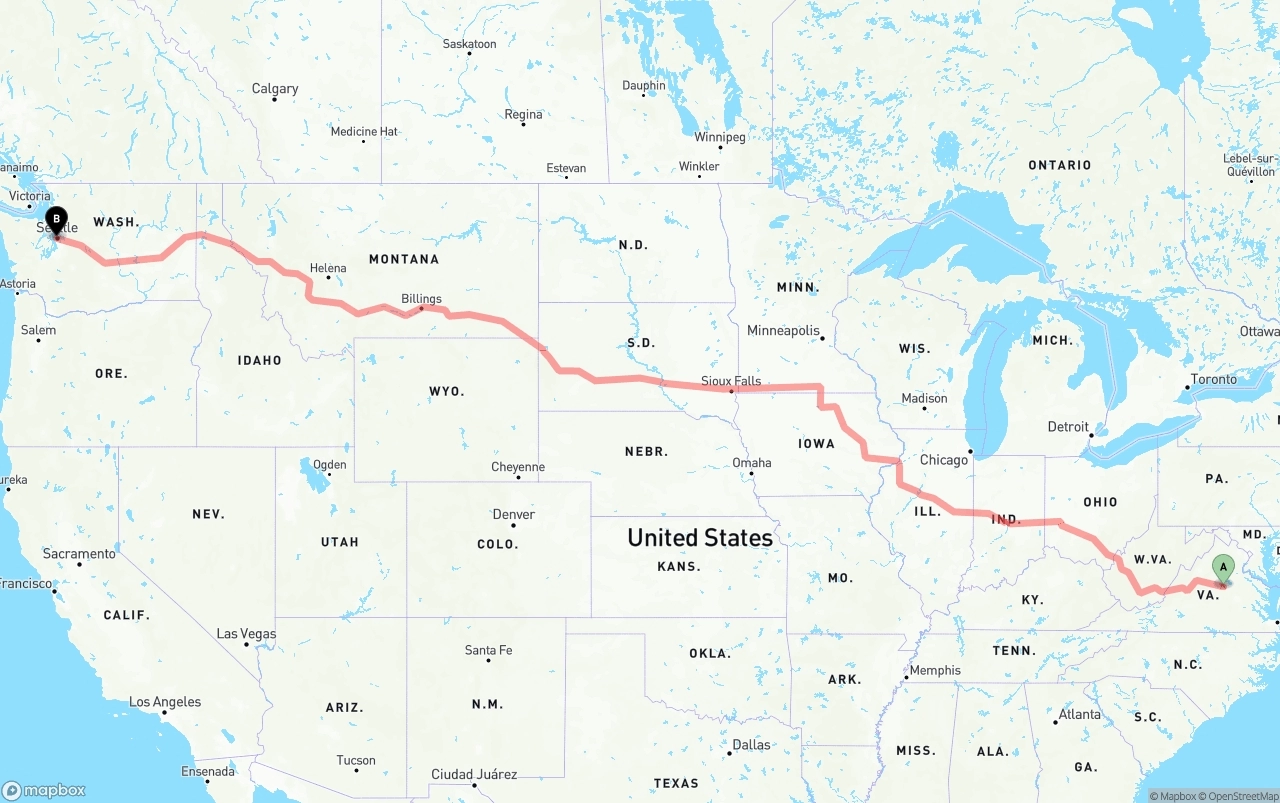 Shipping route from Virginia to Port of Seattle