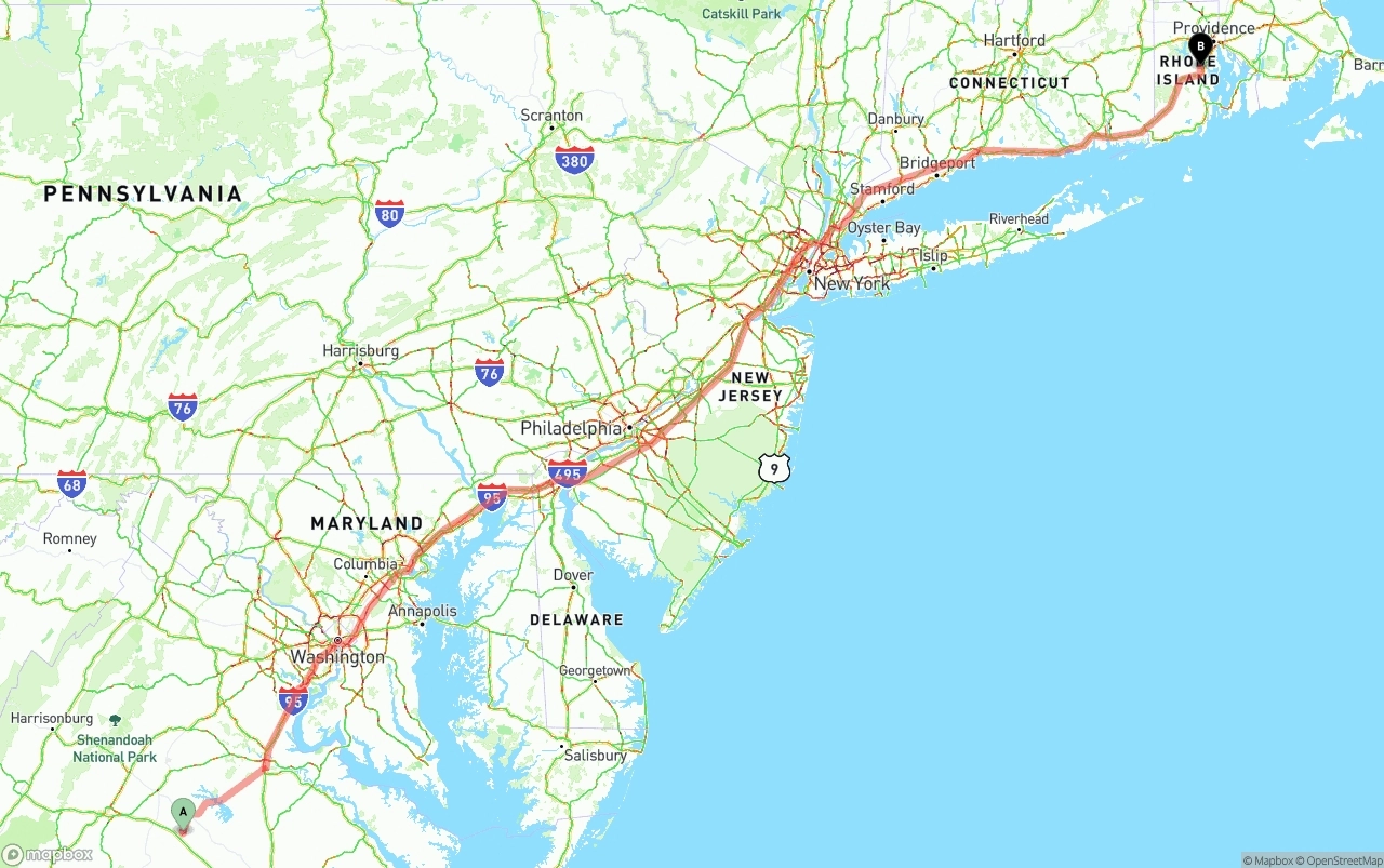 Shipping route from Virginia to Rhode Island