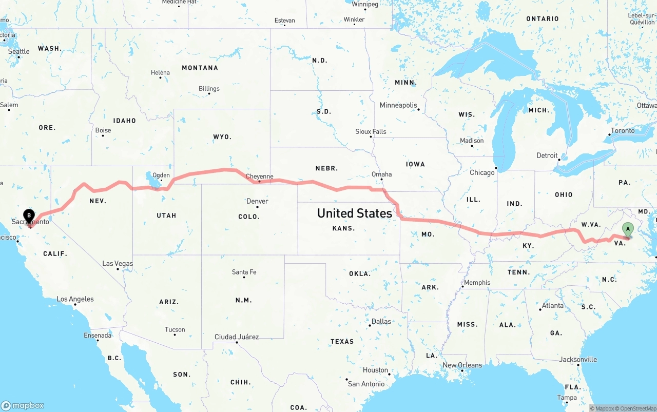 Shipping route from Virginia to Sacramento International Airport