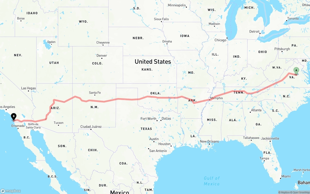 Shipping route from Virginia to San Diego International Airport