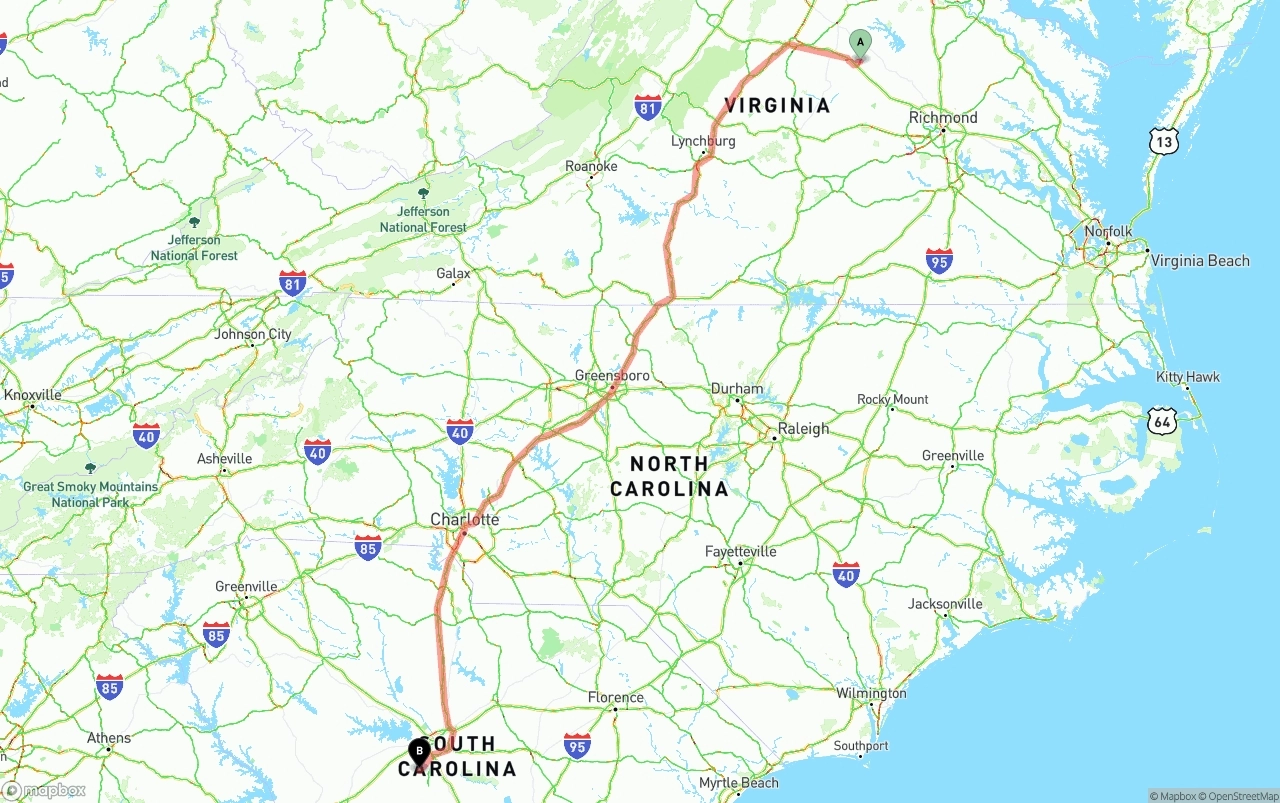 Shipping route from Virginia to South Carolina
