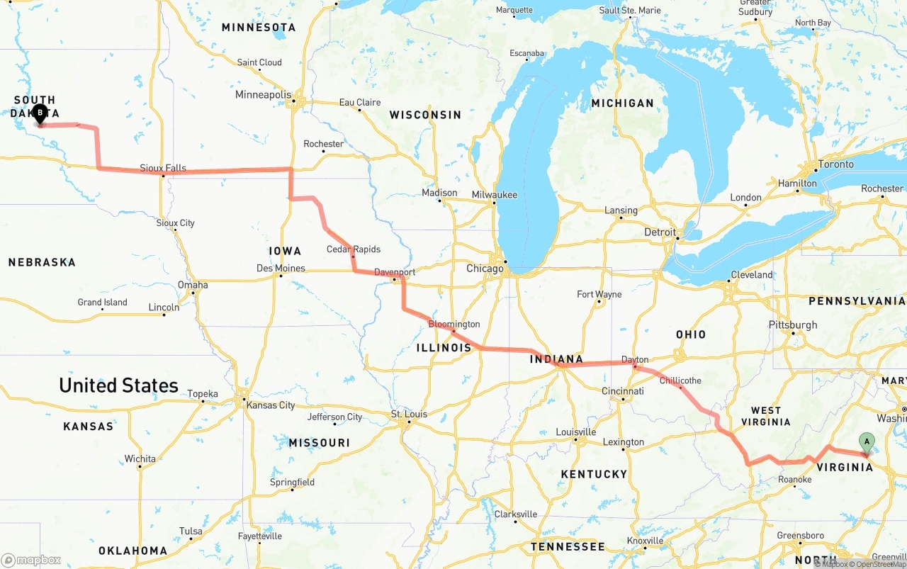 Shipping route from Virginia to South Dakota