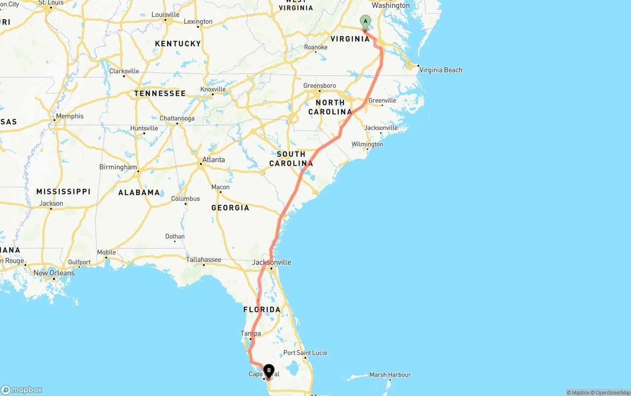 Shipping route from Virginia to Southwest Florida International Airport