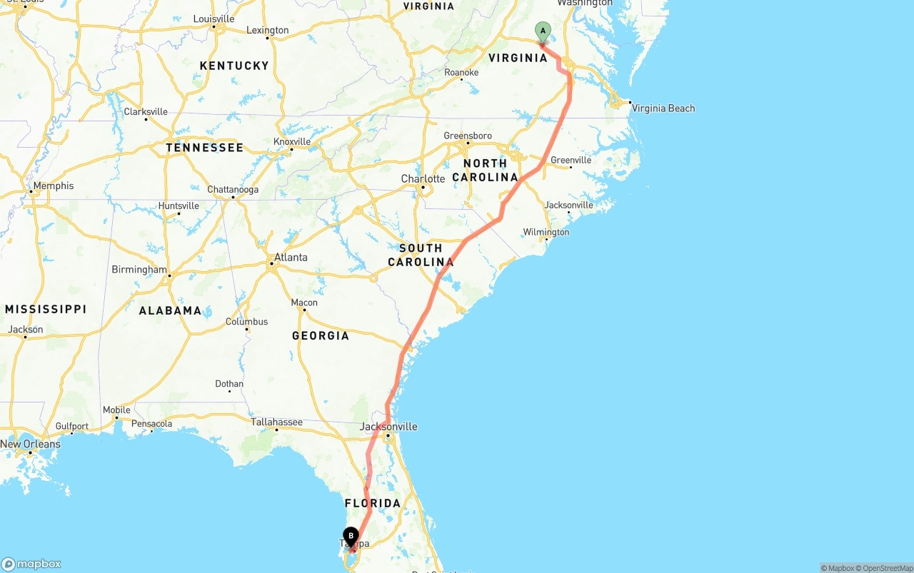 Shipping route from Virginia to Tampa International Airport