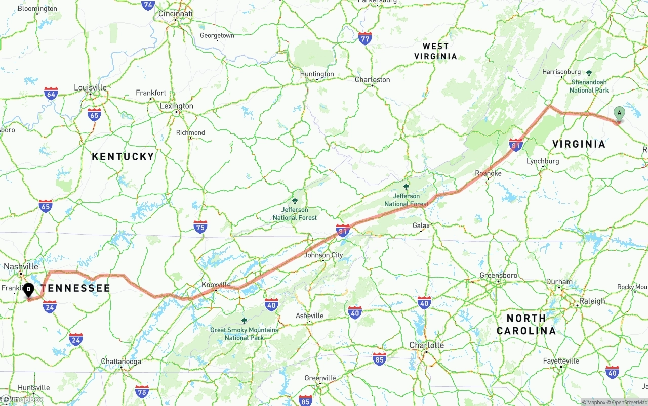 Shipping route from Virginia to Tennessee