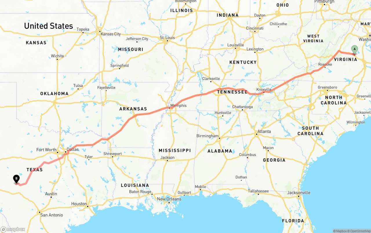 Shipping route from Virginia to Texas