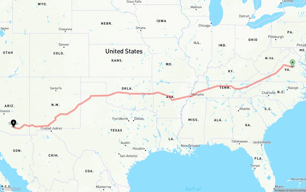 Shipping route from Virginia to Tucson International Airport