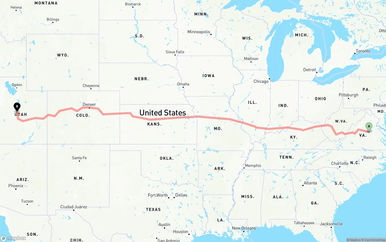 Shipping route from Virginia to Utah
