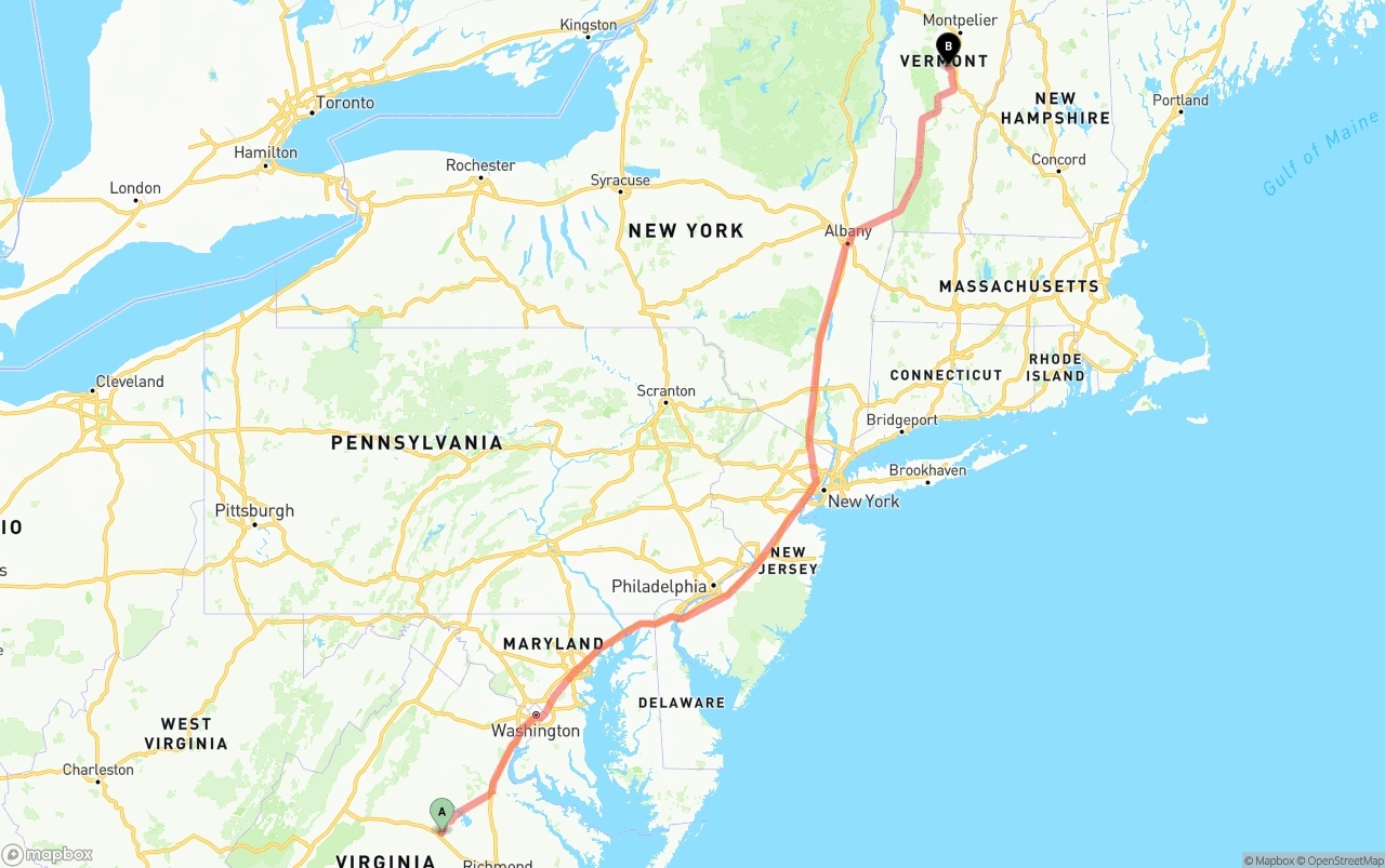 Shipping route from Virginia to Vermont