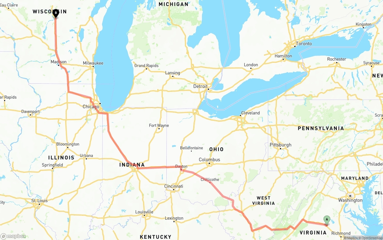 Shipping route from Virginia to Wisconsin