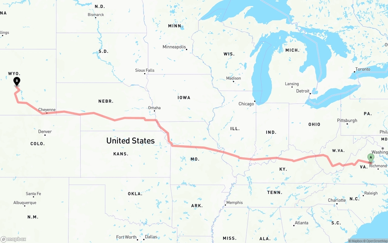 Shipping route from Virginia to Wyoming