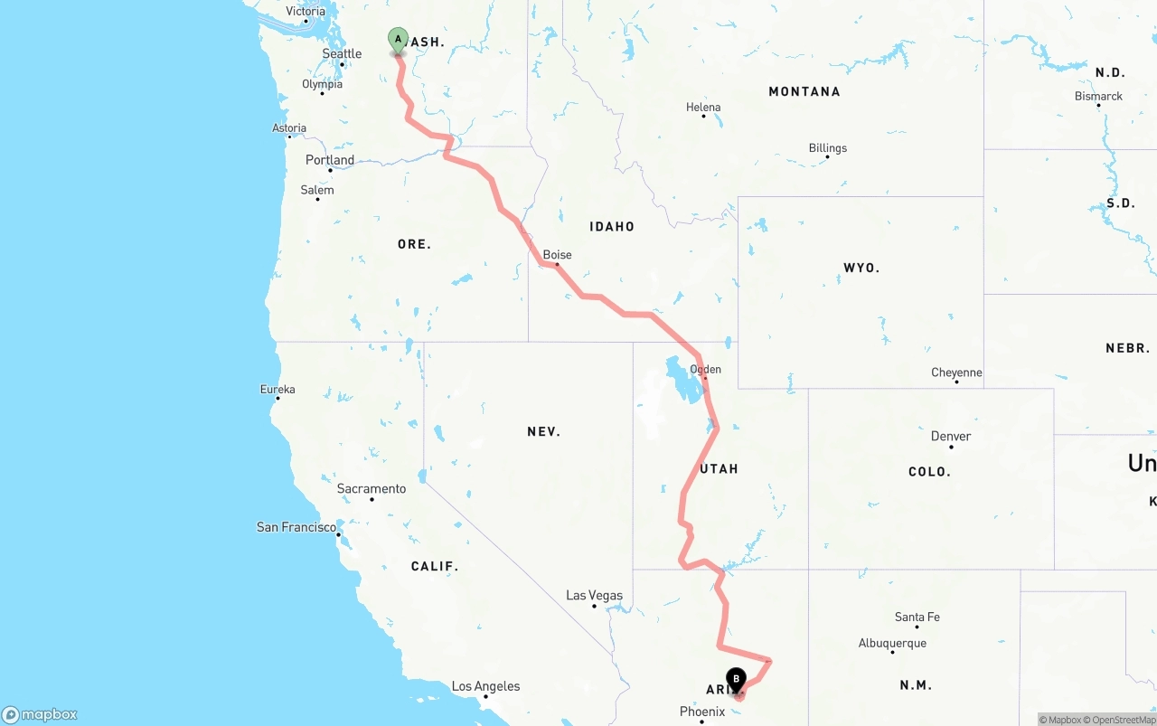 Shipping route from Washington to Arizona
