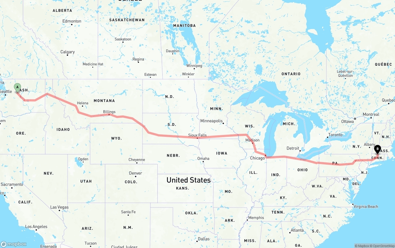 Shipping route from Washington to Bradley International Airport