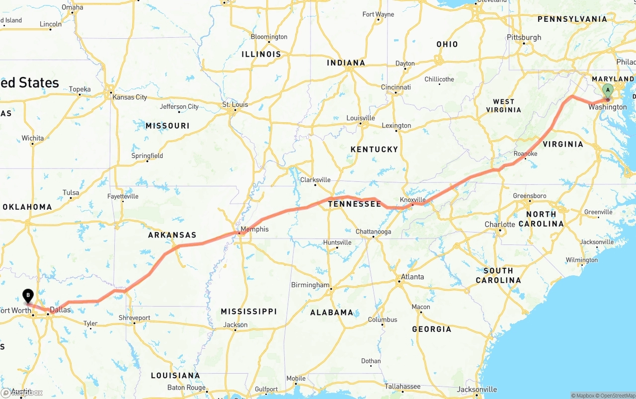 Shipping route from Washington D.C. to Aurora