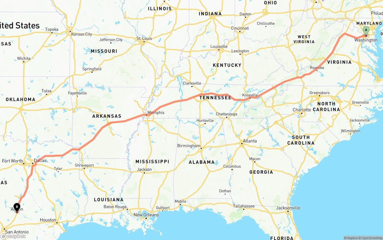 Shipping route from Washington D.C. to Austin