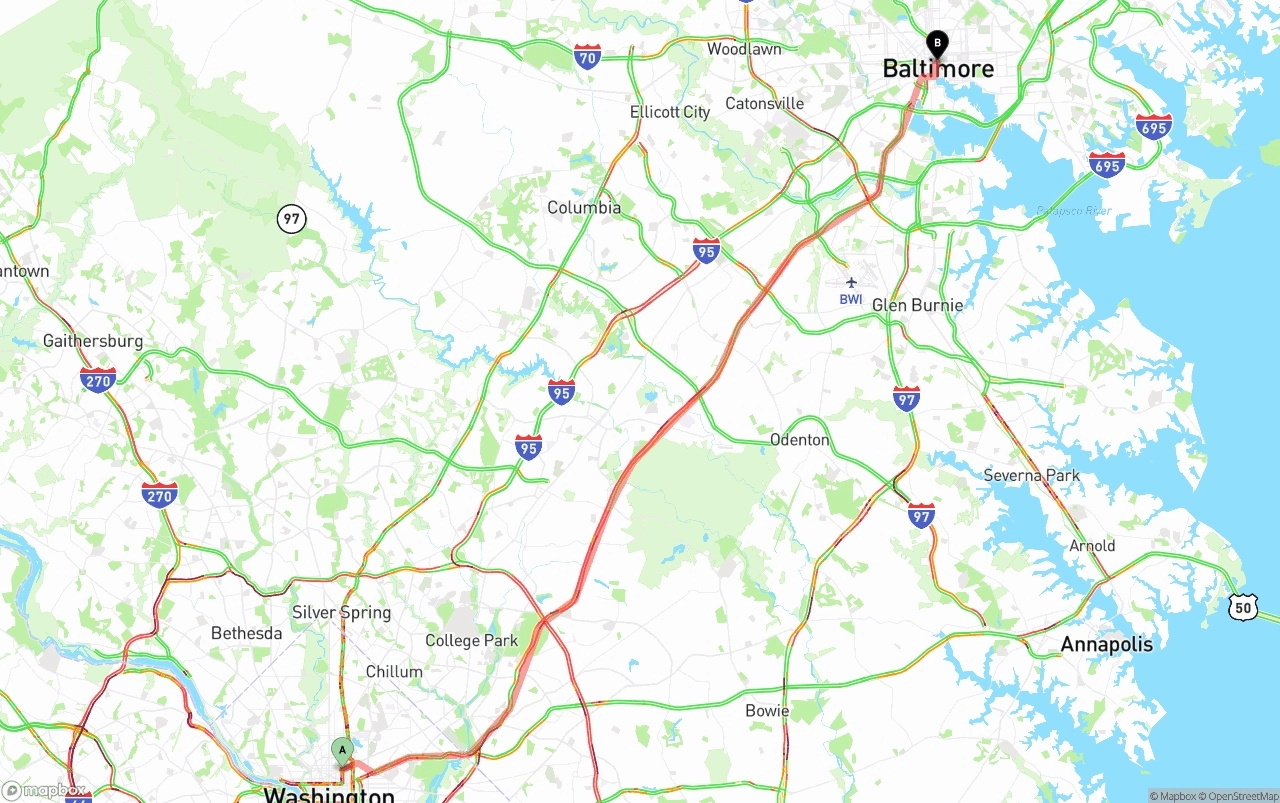Shipping route from Washington D.C. to Baltimore