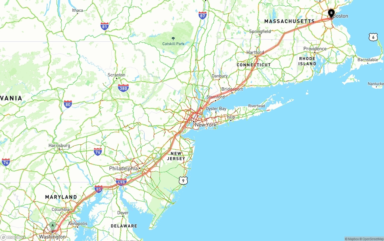 Shipping route from Washington D.C. to Boston
