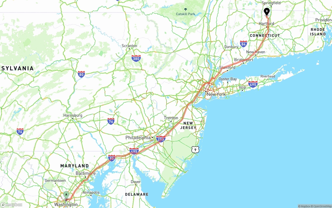 Shipping route from Washington D.C. to Bradley International Airport