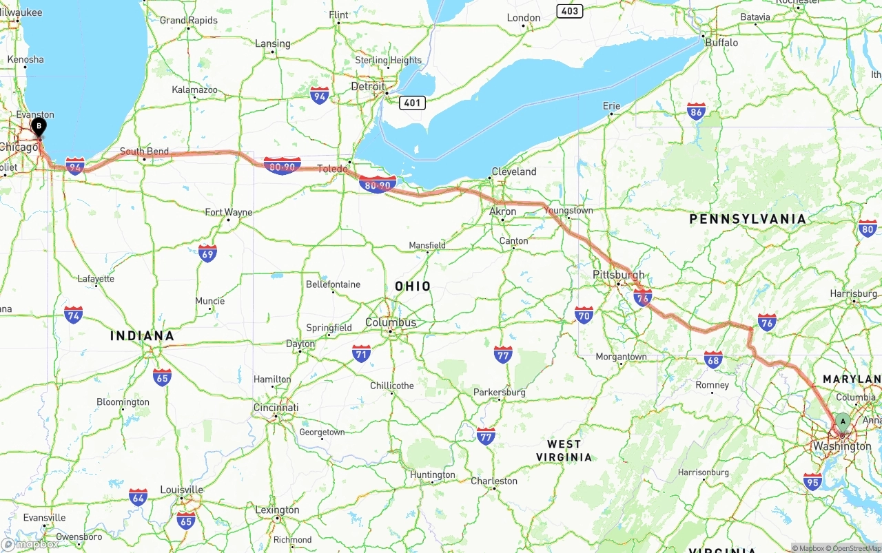 Shipping route from Washington D.C. to Chicago