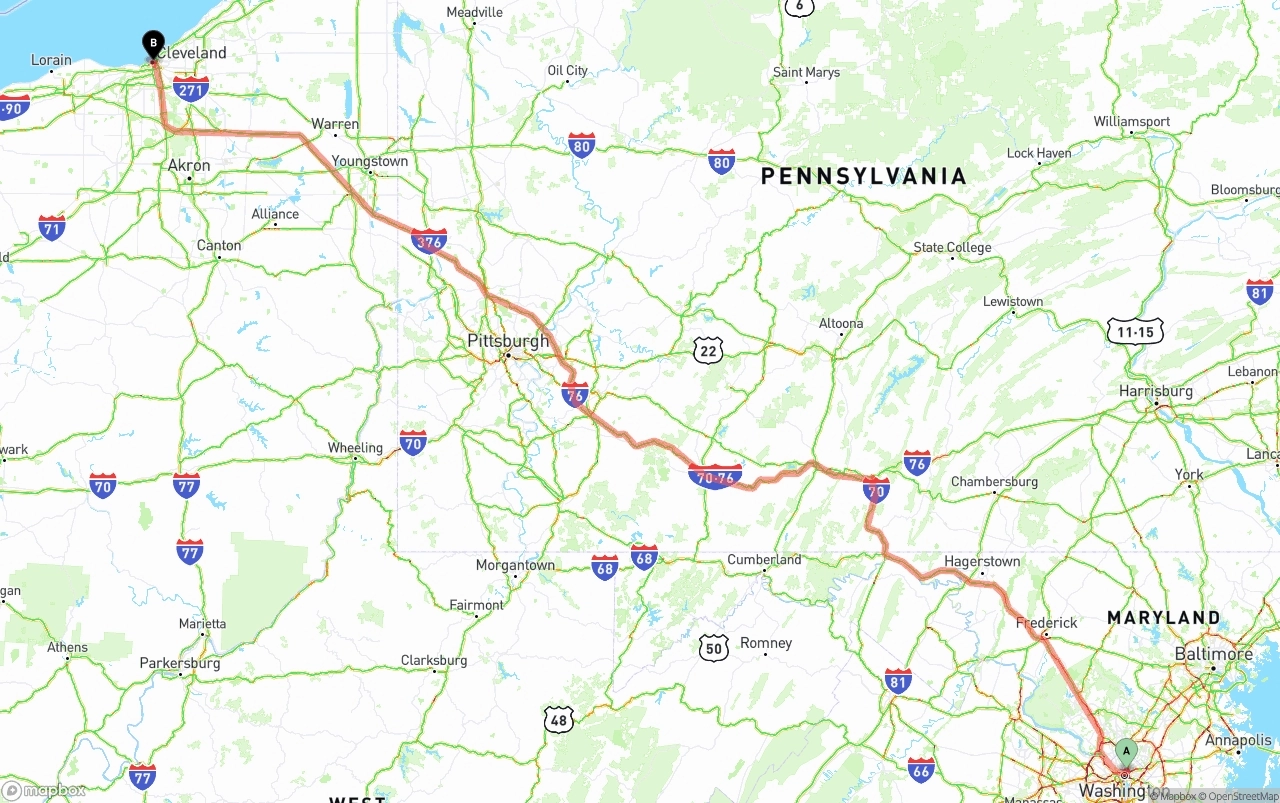 Shipping route from Washington D.C. to Cleveland