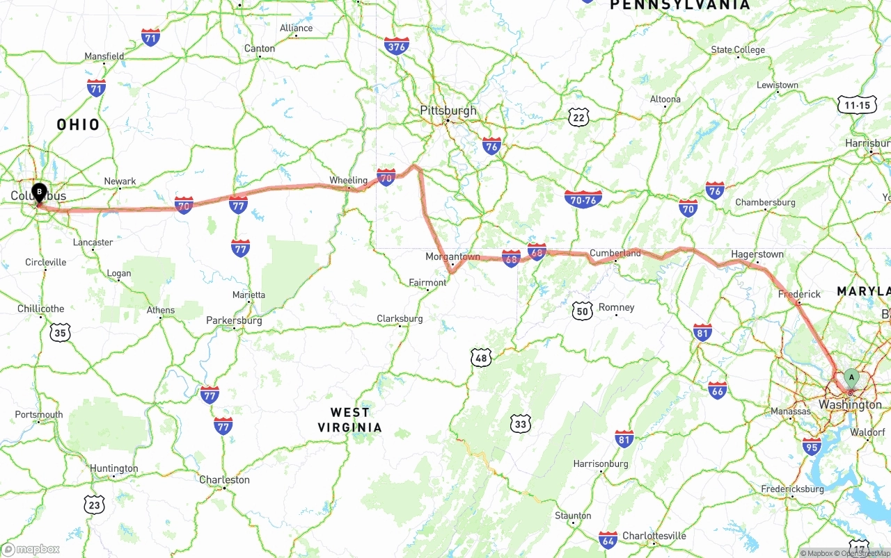 Shipping route from Washington D.C. to Columbus
