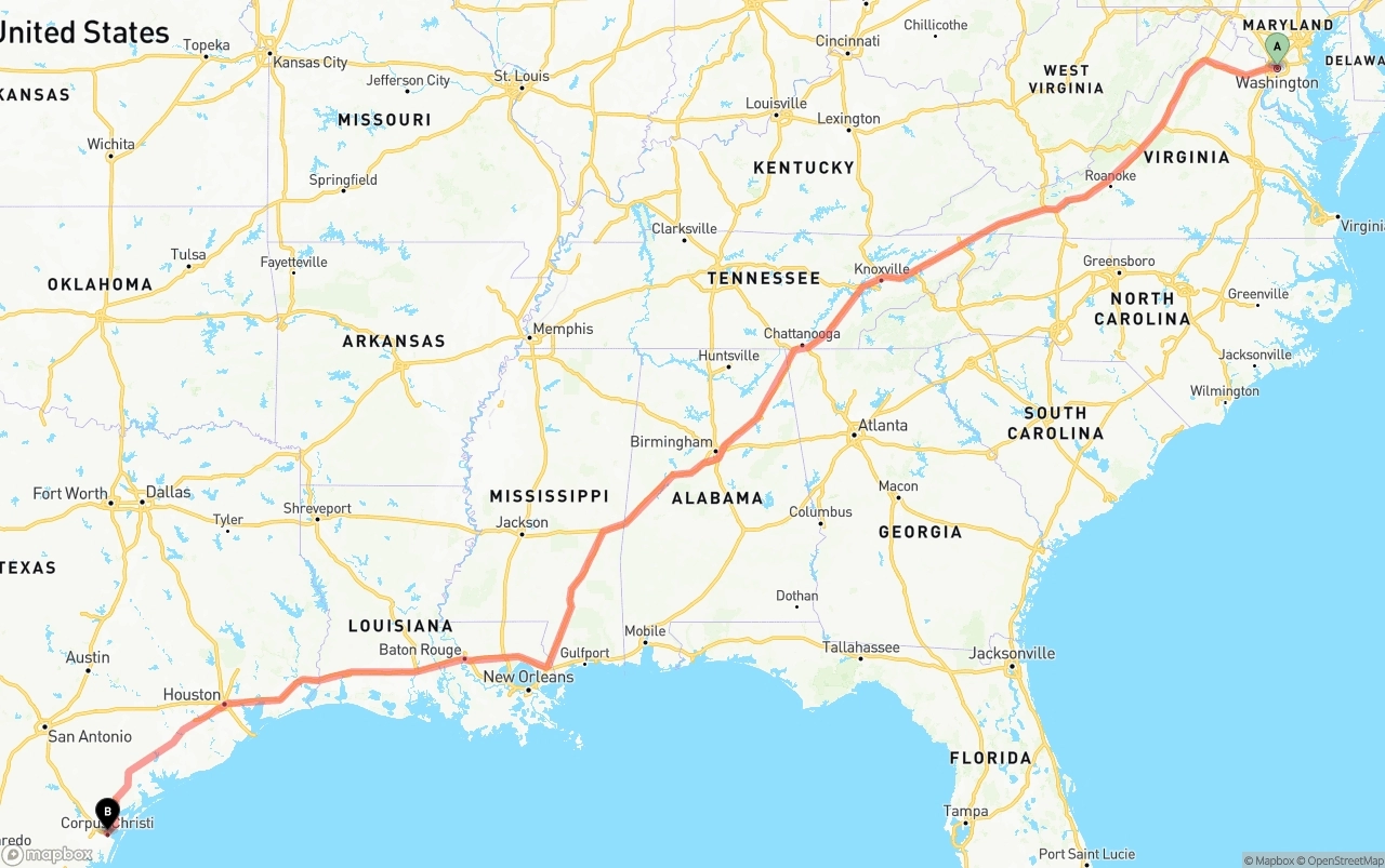Shipping route from Washington D.C. to Corpus Christi