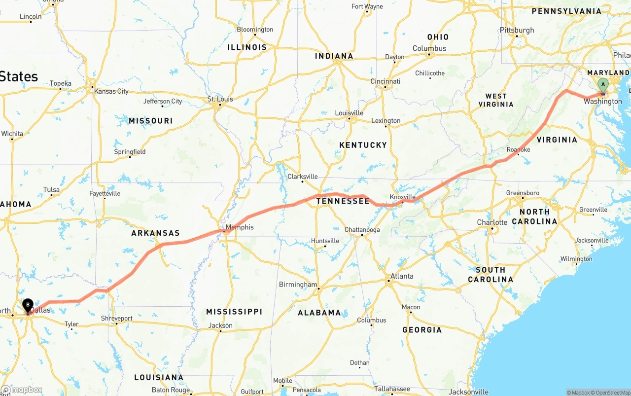 Shipping route from Washington D.C. to Dallas