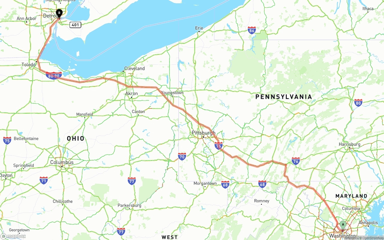 Shipping route from Washington D.C. to Detroit