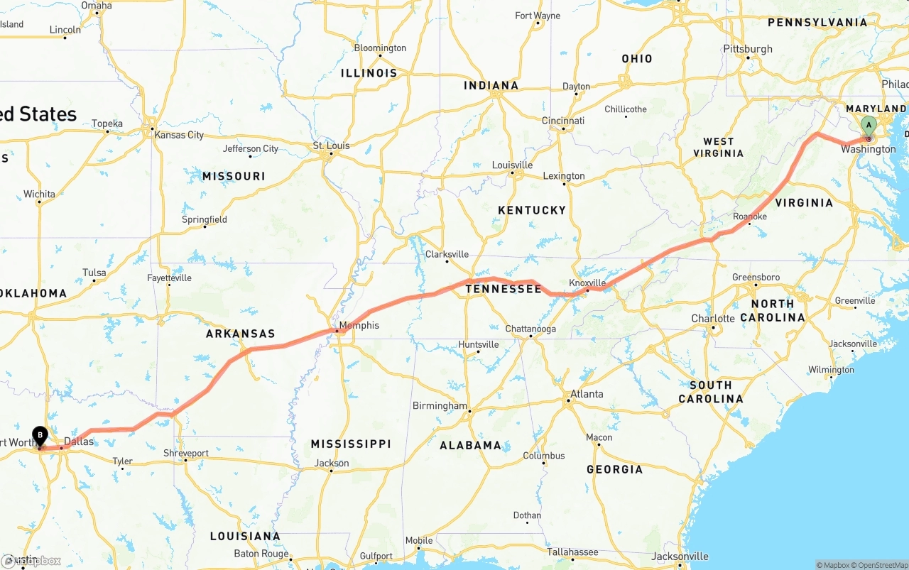 Shipping route from Washington D.C. to Fort Worth