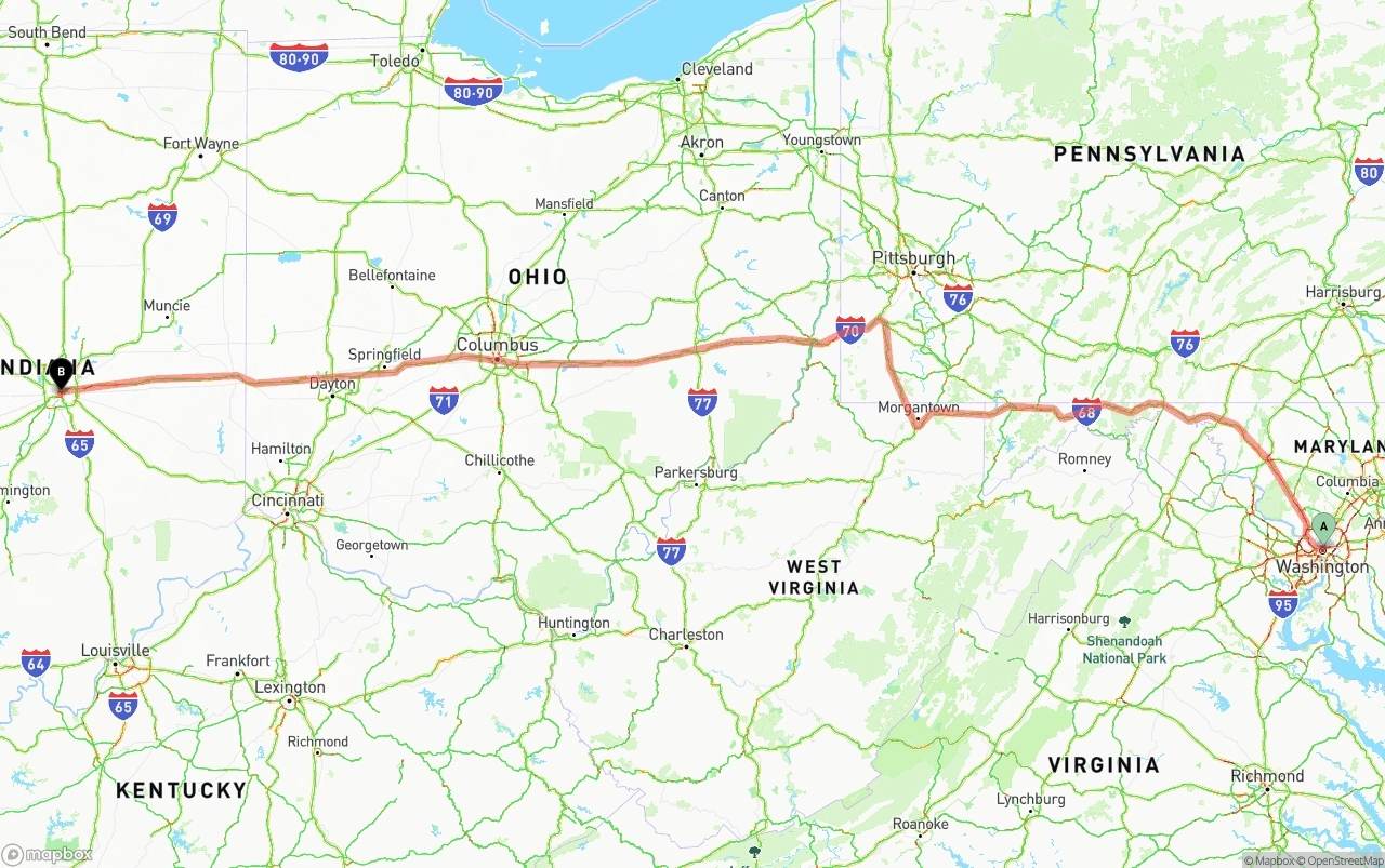 Shipping route from Washington D.C. to Indianapolis